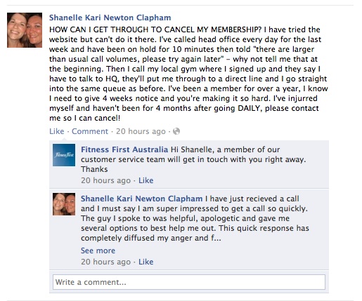 Good example of Facebook used as Customer Service - Fitness First Australia