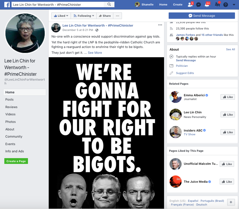 Facebook screenshot from Lee Chin post about Liberal Party bigots