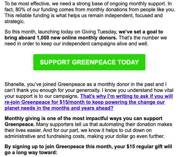 Greenpeace email asking for monthly donations